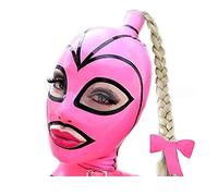 BERMEL Pink Black Stripe Latex Hood with Twist Braid Wig Rubber HeadMask, Head Cover, Back Zipper, Natural Latex Handmade for Unisex Cosplay Club Wear (S)