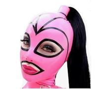 BERMEL Pink Black Stripe Latex Hood with wig Rubber HeadMask,Latex Head Cover,Back Zipper,Handmade for Unisex Cosplay Club Wear (L)