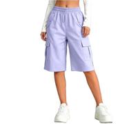 Bermuda Cargo Shorts for Girls Knee Length High Waist Pull On Shorts with Pockets Summer Quick Dry Baggy Biker Trousers Teen Loose Fit Running Hiking Athletic Bottoms