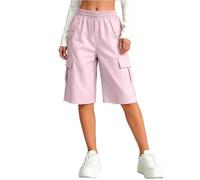 Bermuda Cargo Shorts for Girls Knee Length High Waist Pull On Shorts with Pockets Summer Quick Dry Baggy Biker Trousers Teen Loose Fit Running Hiking Athletic Bottoms (Pink, 14-15 Years)