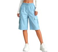 Bermuda Cargo Shorts for Girls Knee Length High Waist Pull On Shorts with Pockets Summer Quick Dry Baggy Biker Trousers Teen Loose Fit Running Hiking Athletic Bottoms (Blue, 12-13 Years)