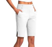 Bermuda Shorts For Women Knee Length, High Waist Yoga Half Cropped Pants Gym Walking Shorts Stretchy Hiking Trousers Solid Elegant Office Business Trouser With Pocket Quick Dry Fitness Sport Pants