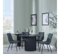Bern Fluted Dining Set - 4 Seater - 120cm - Round - Black - 4x Corona Dining Chairs - Light Grey Fabric