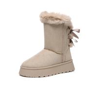 Bernal Mid-Calf Snow Boots for Women Back Bow Tie Faux Fur Lined Slip-On Winter Warm Comfortable Shoes Outdoor Cold Snow Boots, Beige, 5 UK