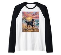 Bernese Mountain Dog at the Beach Colorful Landscape Artwork Raglan Baseball Tee