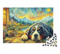 Bernese Mountain Dog in Cozy Cabin 1000 Piece Jigsaw Puzzle Gift for Adults Saint Bernard Under Starry Night Sky Premium Thick Sturdy Challenging Hard Stress Relief 38x26cm/1000pcs