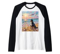 Bernese Mountain Dog on a Sunset Summer Beach Artwork Raglan Baseball Tee