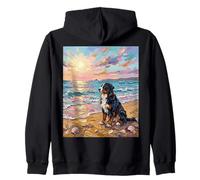 Bernese Mountain Dog on a Sunset Summer Beach Artwork Zip Hoodie