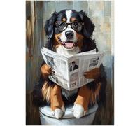 Bernese Mountain Dog on Toilet Jigsaw Puzzle 1000 Pieces for Adults - Quirky Dog Reading Newpaper with Glasses - Best Dog Bathroom Decor Puzzles
