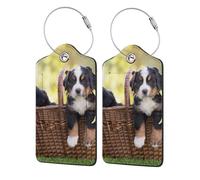 Bernese Mountain Dog Puppies,Luggage Tags Pu Leather Name Tag Travel Suitcase Identifier ID Tags Durable Luggage Label 2 pcs