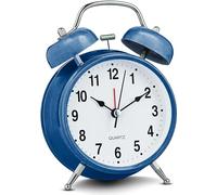 Bernhard Products Analog Alarm Clock 4" Twin Bell Vintage Navy Blue Silent Non-Ticking Quartz Battery Operated Extra Loud with Backlight for Bedside Table Desk, Retro Old Fashioned for Heavy Sleepers