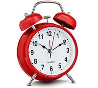 Bernhard Products Analog Alarm Clock 4" Twin Bell Vintage Red Silent Non-Ticking Quartz Battery Operated Extra Loud with Backlight for Bedside Table Desk, Retro Clocks Old Fashioned for Heavy Sleepers