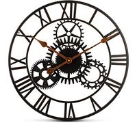 Bernhard Products Extra Large Wall Clock 20 Inch Decorative Wrought Iron, Silent Quartz Industrial Gears Black Rustic Metal Roman Numeral European Steampunk Cog Vintage Distressed Details, Battery