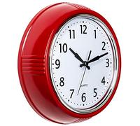 Bernhard Products Retro Wall Clock 9.5 Inch Red Kitchen 50's Vintage Design Round Silent Non Ticking Battery Operated Quality Quartz Clock