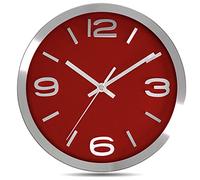 Bernhard Products Wall Clock 10 Inch Modern Silver Round Elegant Metal Quality Quartz, Silent Non Ticking Battery Operated Home Office Clock with 3D Numbers (Silver & Burgundy)