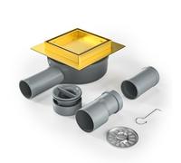Bernkot Shower Drain Square 10 x 10 cm, 360° Siphon with Odour Stop and Hair Strainer 2-in-1 Tilable Stainless Steel Drain Channel Floor Drain Shower Drain Very Flat DN50 DN40, Gold