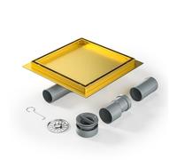 Bernkot Shower Drain Square 20 x 20 cm, 360° Siphon with Odour Stop and Hair Strainer 2-in-1 Tilable Stainless Steel Drain Channel Floor Drain Shower Drain Very Flat DN50 DN40, Gold