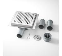 Bernkot Shower Drain Square Stainless Steel 15 x 15 cm Floor Drain Shower with 360° Siphon Odour Stop and Hair Filter, 2 Drain Adapters DN50 DN40 Shower Drain Flat Drain Channel, Silver