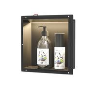 Bernkot Wall Recess Shower Stainless Steel, Waterproof Recess with LED Light, Embedded Shower Niche 30 x 30 x 10 cm, Single Bed Shower Ench, Embedded Storage in Shower Room, Black