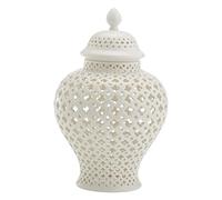 BERNOI Traditional Ginger Jar with Lid - Decorative Ceramic Temple Jar with Pierced Lantern Design - White Home Decoration