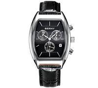 BERNY Watches for Men Rectangular Multi-Function Analog Quartz Watch Fashion Casual Retro Men's Wrist Watches with Genuine Leather Strap (Black)
