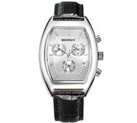 BERNY Watches for Men Rectangular Multi-Function Analog Quartz Watch Fashion Casual Retro Men's Wrist Watches with Genuine Leather Strap (Silver)