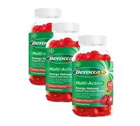 Berocca Multi-Action Multivitamin Gummies - Including Vitamin D, C, A, B-Complex (B1, B2, B3, B6, B7 & B12), E - Supplement for Women, Men and Kids - 60 Gummies x 3 Pack- Cherry Flavour
