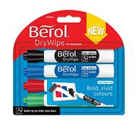 Berol Dry Wipe Whiteboard Marker Pens | Bullet Tip | Black, Blue, Red & Green | 4 Count