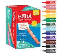 Berol Felt Tip Colouring Markers | Bullet Point (2.0mm) | Assorted Colours with Washable Ink | 12 Pens