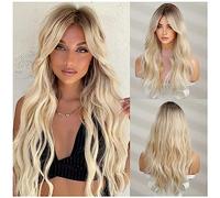 BERON Blonde Wigs Long Wavy Women Wigs With Bangs Blonde Ombre Curly Heat Resistant Synthetic Wigs For Daily Use Wigs Wig Cap Included