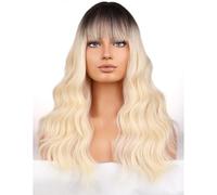 BERON Blonde Women Long Curly Wig with Bangs Ombre Blonde Wavy Heat Resistant Synthetic Wigs for Cosplay or Daily Use