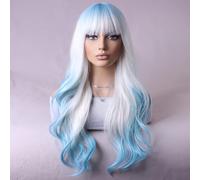 BERON Blue and White Long Wig Curly Wavy Women Wigs with Bangs Blue White Ombre Style Colorful Heat Resistant Synthetic Wigs for Cosplay or Daily Use Wig Cap