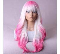 BERON Long Pink And White Wigs Curly Wavy Women Wigs With Bangs Pink White Ombre Colorful Heat Resistant Synthetic Wigs For Cosplay Or Daily Wigs Cap D