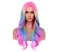 BERON Rainbow Ombre Wigs Long Wavy Wig For Women Colorful Ombre Curly Heat Resistant Synthetic Hair Wigs For Daily Use With Hood Wig