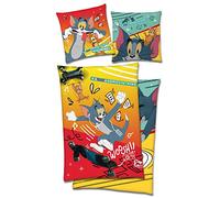 BERONAGE Tom & Jerry Children's Cartoon Bed Linen, 135 x 200 cm + 80 x 80 cm, 100% Cotton, Renforcé Linon Quality with YKK Zip, Spike Nibbles, Comic, Cat Mouse, Reversible Bed Linen, 2 Designs, German