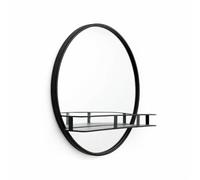 BERPAR Wall-Mounted Round Mirror with Shelf, 50cm Circular Black Metal Framed, Minimalist Modern Design, Bathroom Hallway Living Room Wall Decor, Indoor Storage Shelf Mirror