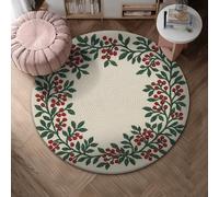 Berries Area Rug, Festive Natural Leaves Floral Winter Green Non-Slip Round Doormat Throw Rug Edge Binding Bathroom Entryway Bedside Laundry Room Decor 4' X 4'