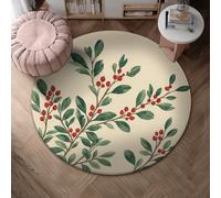 Berries Area Rug, Seasonal Natural Leaves Branch Winter Green Non-Slip Doormat Round Throw Rug Stain Resistant Bathroom Entryway Bedside Laundry Room Decor 4' X 4'