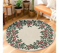 Berries Area Rug, Winter Rustic Leaves Floral Winter Green Non-Slip Backing Round Doormat Throw Rug Edge Binding Entryway Bathroom Laundry Room Decor 3' x 3'