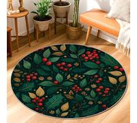 Berries Area Rug, Winter Rustic Leaves Flowers Winter Green Low Pile Home Floor Doormat Circle Print Accents Rug Bathroom Laundry Room Kitchen Entryway Decor 3' X 3'