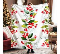 Berries Throw Blanket, Winter Festive Leaves Floral Christmas Red Plush Blanket Lightweight Compact Aesthetic for Couch Sofa Bed Office Desk Living Room 40x50 Inch