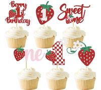 Berry 1st Birthday Cupcake Toppers Girl First One Strawberry Party Decoration Sprinkle Summer Spring Fruit Food Picks 24 PCS