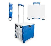 Berry 40L Foldable Shopping Trolley - Blue and White, Plastic Trolley Cart with 2 Wheels and Lid, Portable Cart with Telescopic Handle, Multipurpose Utility Cart for Shopping, Teacher, Laundry