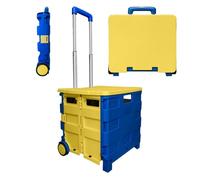 Berry 40L Foldable Shopping Trolley, Plastic Trolley Cart with 2 Wheels and Lid, Portable Cart with Telescopic Handle, Multipurpose Utility Cart for Shopping, Teacher - Blue and Yellow