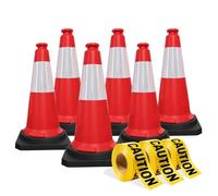 Berry 75CM Traffic Cones with 2” x 50 meter Caution Tape | High Visibility Safety Cone with Reflective and PVC Black Base, 30 Inch PE Portable Road Cones for Street (Set of 6)
