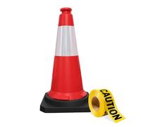Berry 75CM Traffic Cones with 2” x 50 meter Caution Tape | High Visibility Safety Cone with Reflective and PVC Black Base, 30 Inch PE Portable Road Cones for Street (Set of 1)
