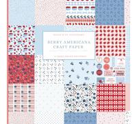 Berry Americana Craft Paper Book - 8.5” x 8.5” - 75 Pages, 37 Hand-Drawn Designs - Pink, Blue & Red Strawberry & Blueberry Theme - Florals, Polka ... Colors - Scrapbooking, Cardmaking, Crafts