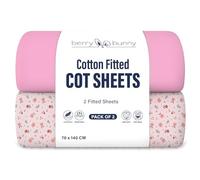 Berry and Bunny 100% Cotton Cot Bed Sheets Pack of 2, Soft Breathable Elasticated Baby Cot Fitted Sheets 140 x 70cm, Deep Fit Mattress Protector Cover, Toddler Bedding All Seasons