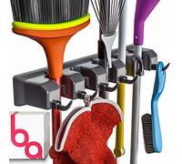 Berry Ave Broom Holder & Wall Mount Garden Tool Organizer - Home Laundry Room, Kitchen, Closet, Shed, Garage Organization and Storage Utility Rack - 5 Slots & 6 Hooks -Rake, Shovel, Mop Hanger (Black)