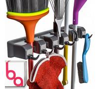 Berry Ave Broom Holder & Wall Mount Garden Tool Organizer- Kitchen, Closet, Garage & Laundry Room Storage w/ 5 Slots & 6 Hooks- Wall Holder For Broom, Rake & Mop Handles Up To 1.25” [Black, 2 Pack]